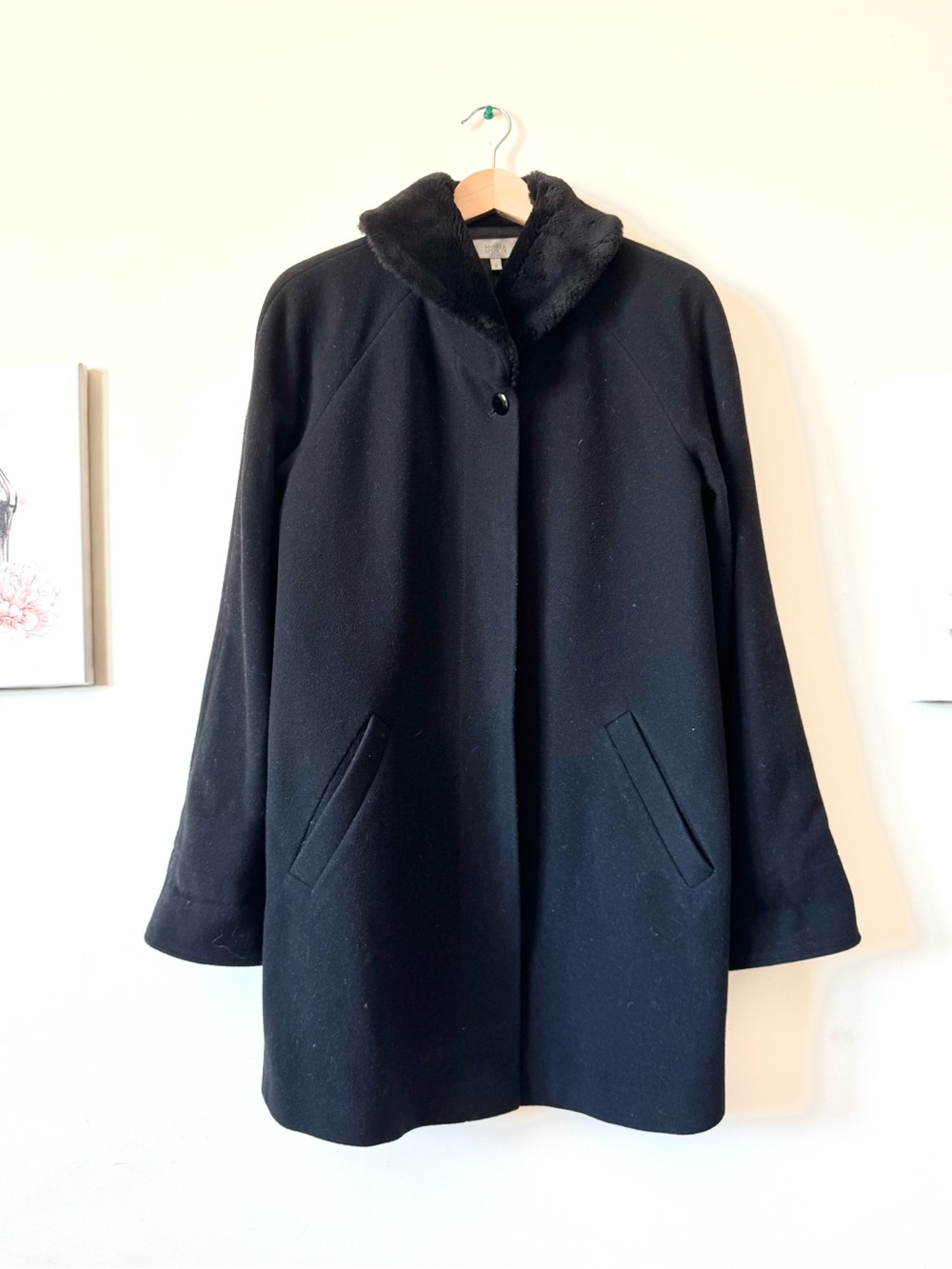 Marks & Spencer UK 10 Classic Timeless Black Wool Car Coat Tailored